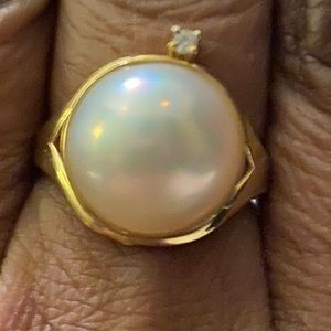 REAL MABE Pearl and Diamond Ring-18kt Gold Overlay